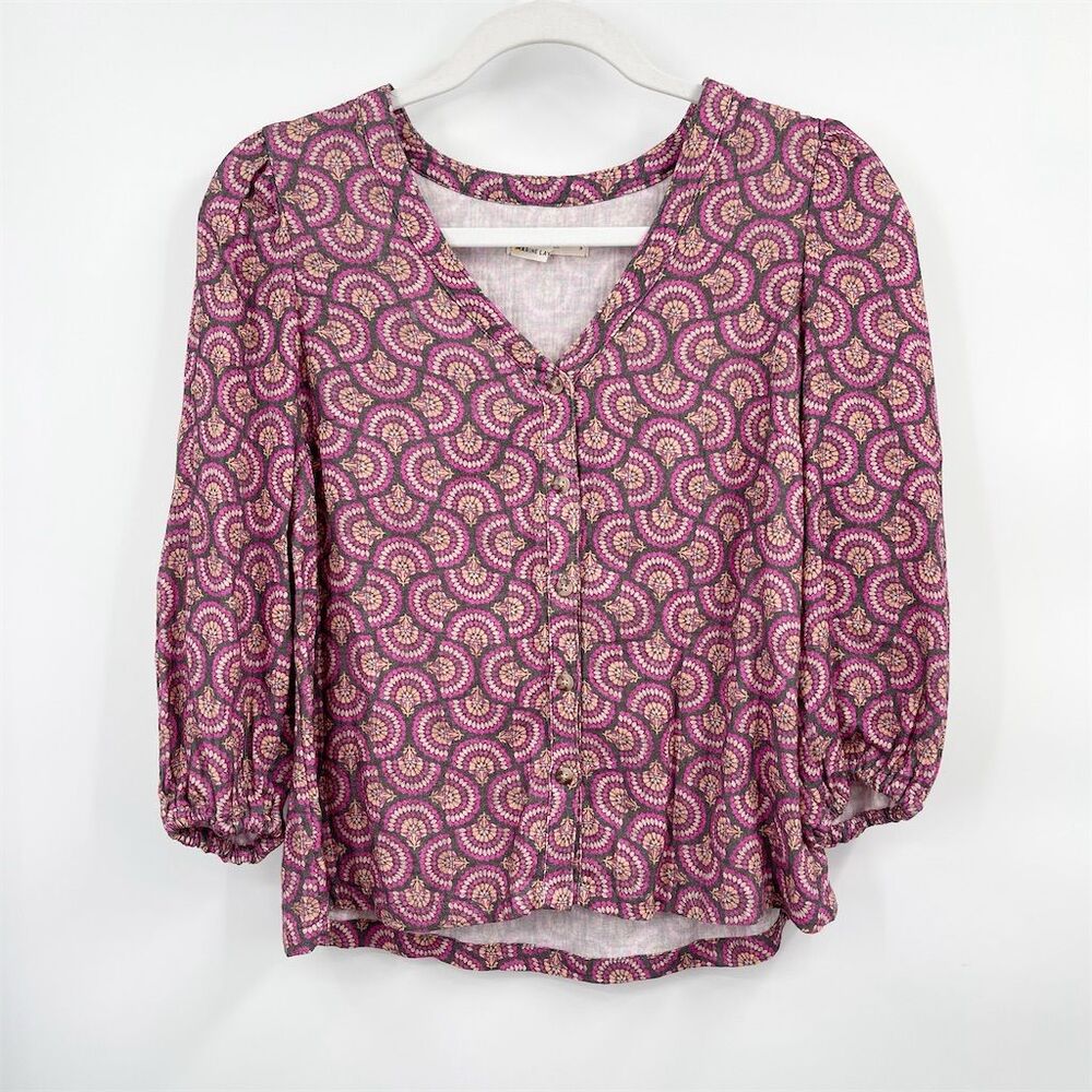 Marine Layer Colette Doublecloth Boho Top Size S Pink‎ Printed V-Neck 3/4 Sleeve